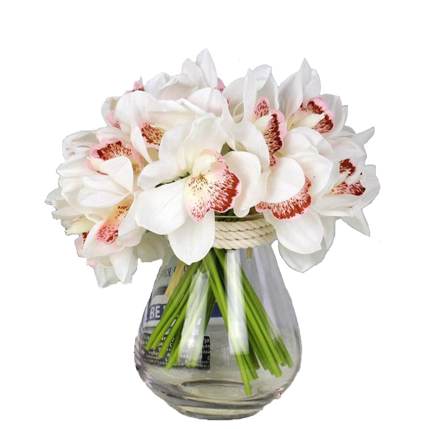 12 Pcs High Quaulity Latex Real Touch Cymbidium Orchid Artificial Flower Bouquet For Wedding Holiday Bridal Bouquet Home Party Decor Bridesmaid (White)