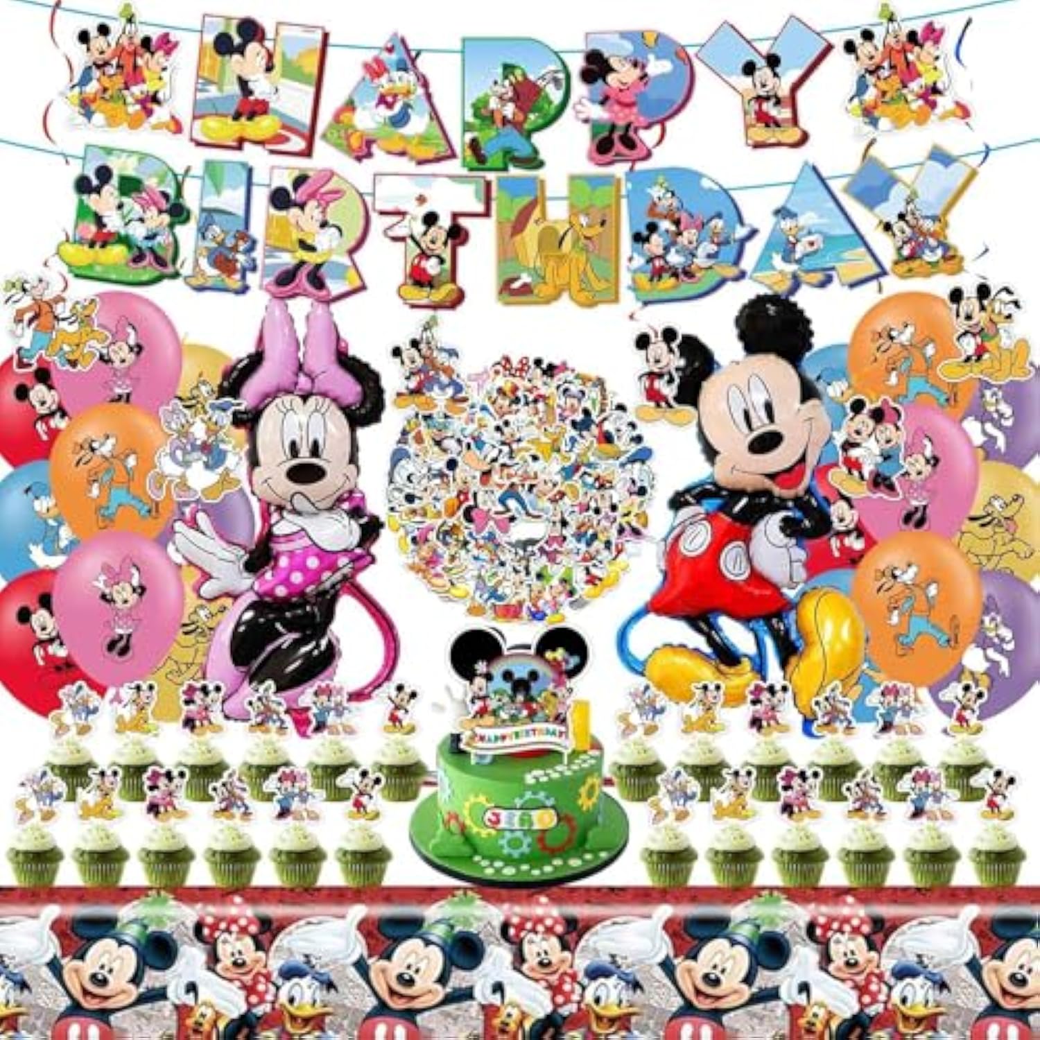 Cartoon Party Supplies, Cute Mouse Birthday Party Decorations Include Happy Birthday Banner, Balloons, Hanging Swirls, Stickers, Cake Toppers, Tablecloth