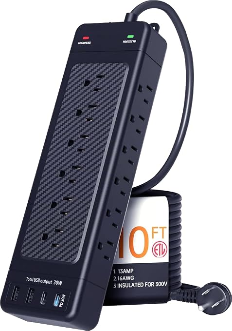 Heavy Duty Surge Protector Power Strip 18 Outlets 4 USB Ports USB C 10FT Flat Plug 4800J Black