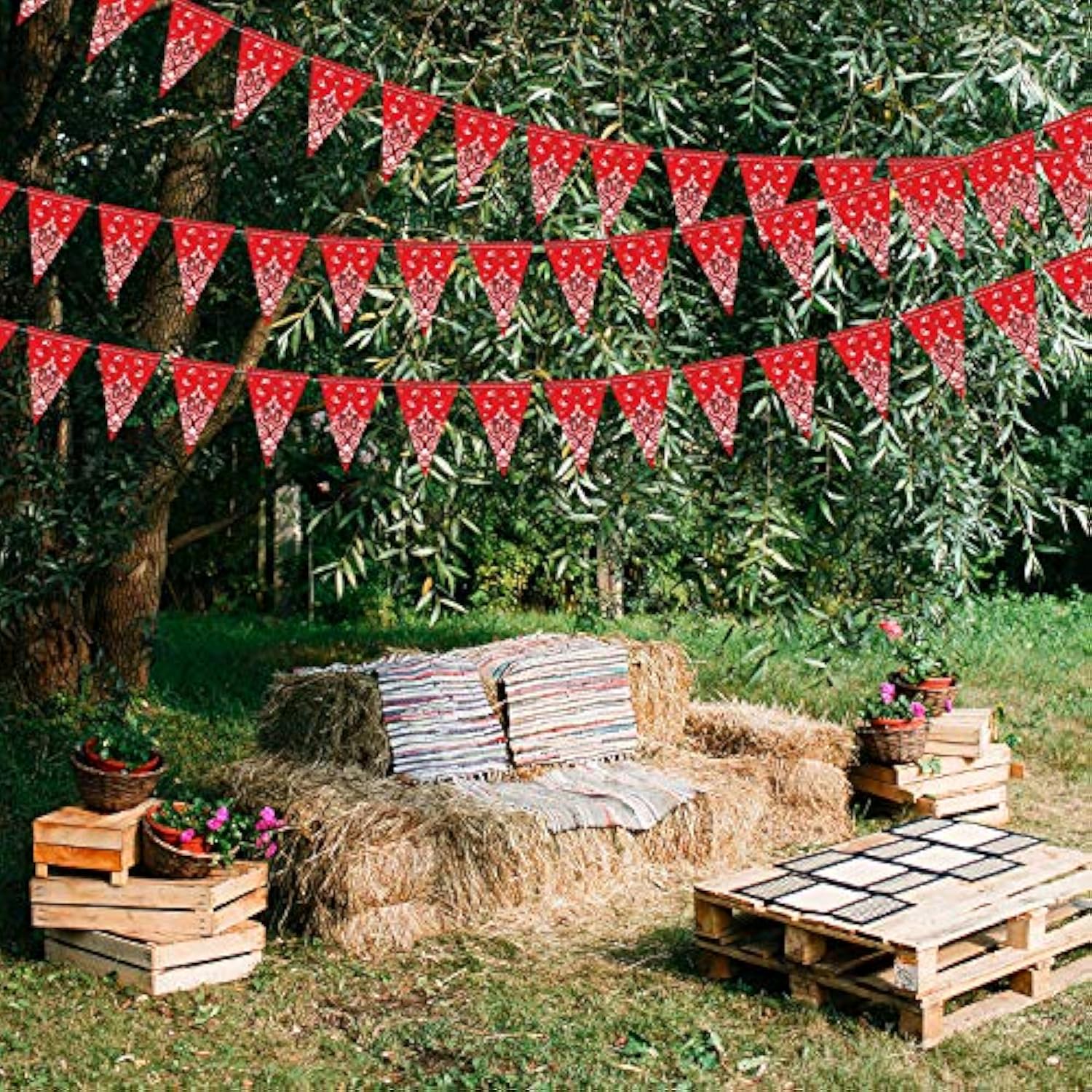 5 Pack Western Cowboy Party Decorations Bandana Pennant Banner Wild West Decor Western Cowboy Themed Yee Haw Country Party Decoration Supplies 9.8 X 5 Ft(Red Paisley)