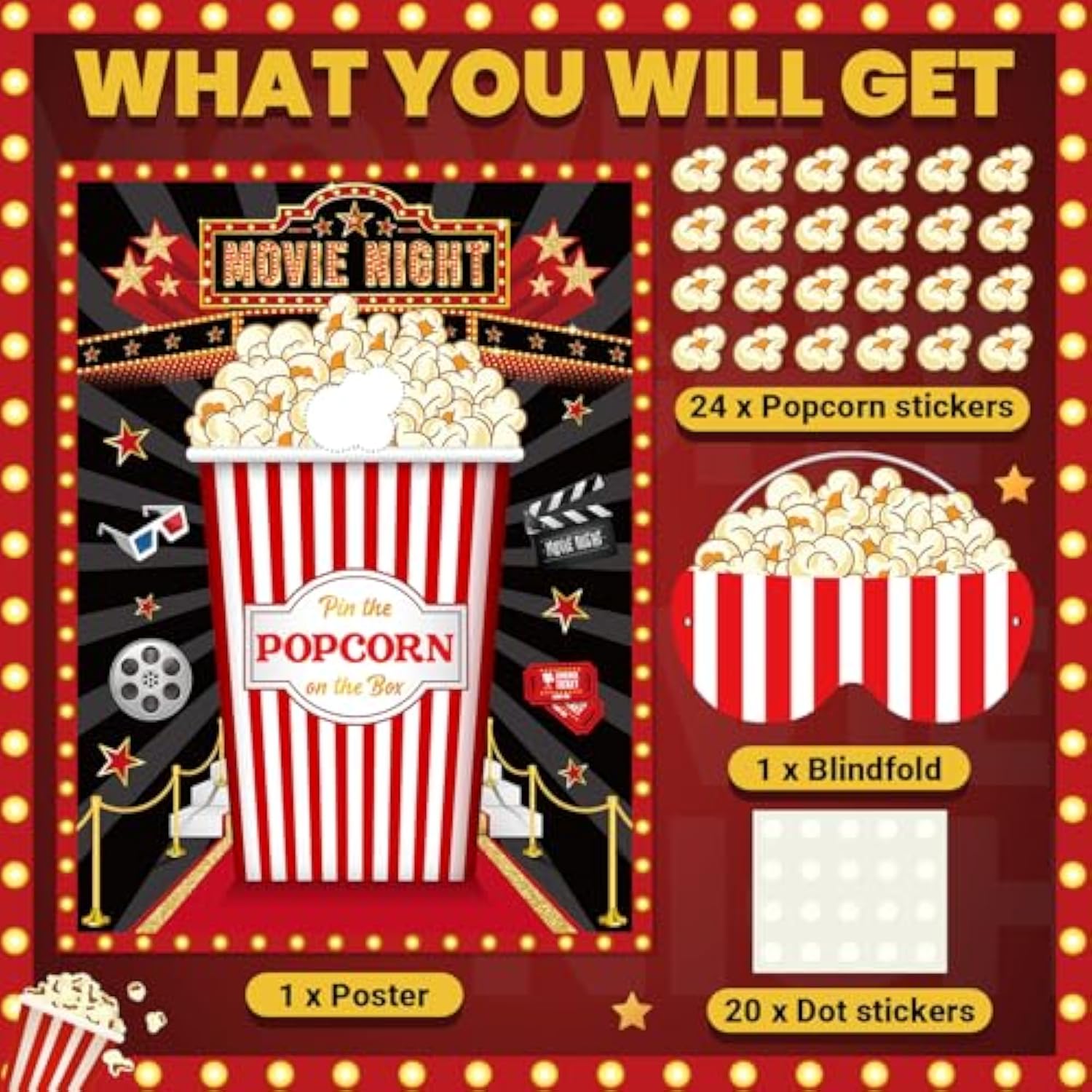Movie Night Party Game Pin The Popcorn On The Box Large Poster With 24 Popcorn Stickers Blindfold Carnival Game Set For Movie Theater Carnival Birthday Party Decoration Activities Supplies