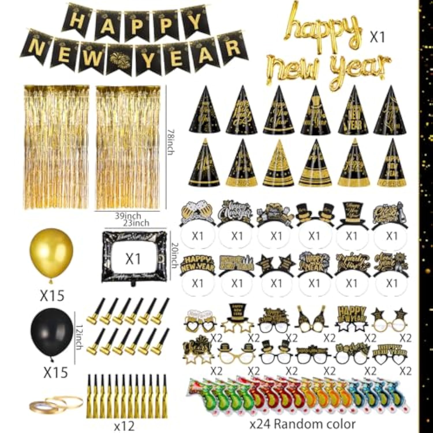 136 Pcs New Year 2026 Party Kit Hats Glasses Balloons Blowouts Banner