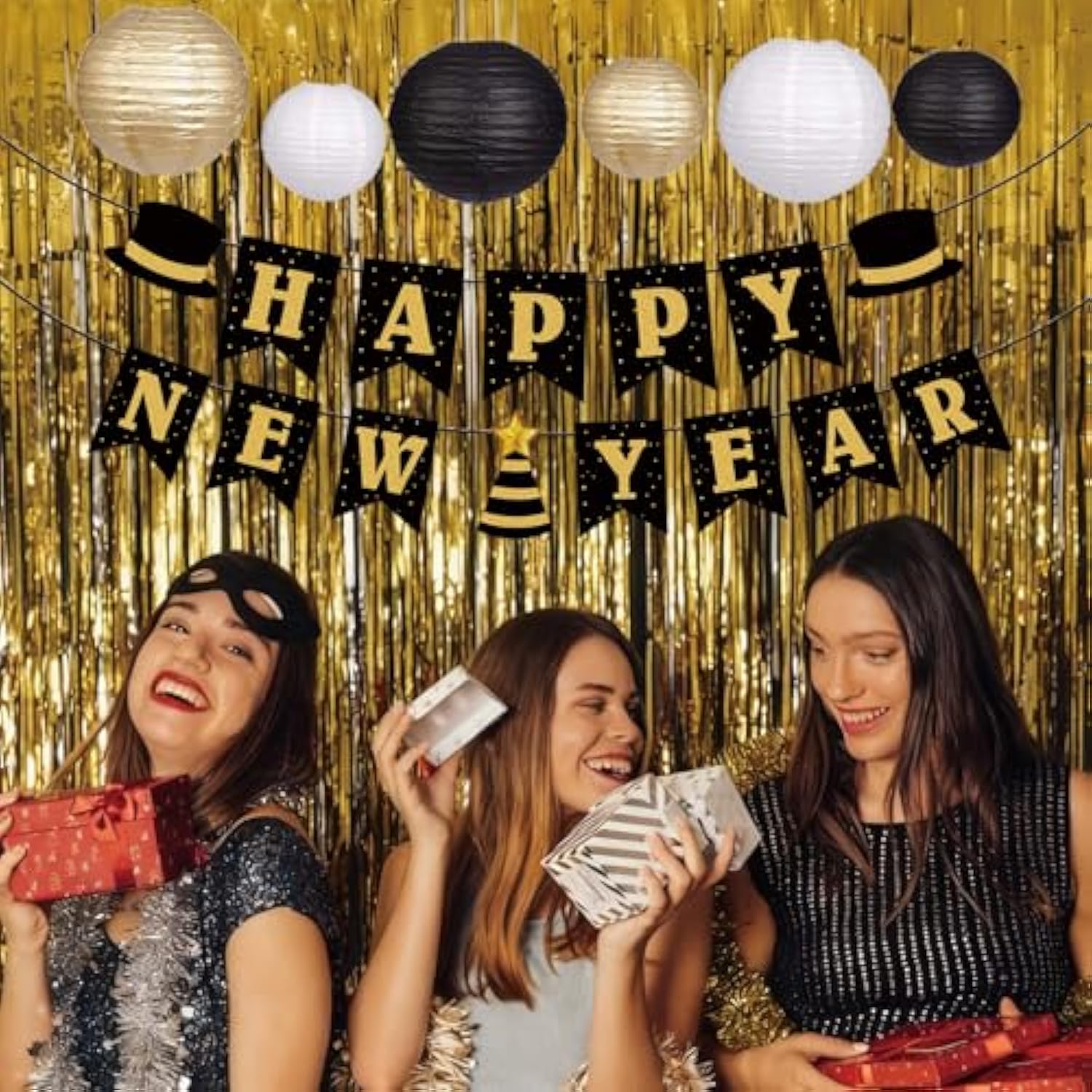 2026 New Year Party Kit in Gold, Black, and White with Banner, Balloons, and Props