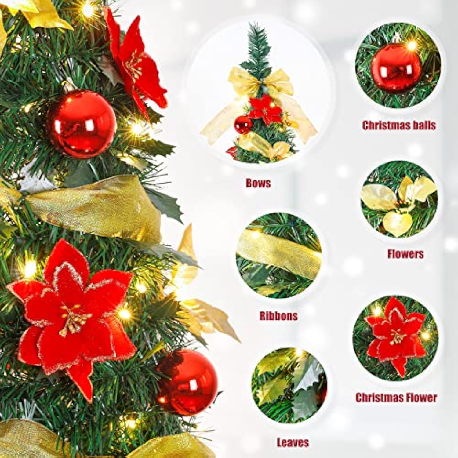 Pre Lit Pre Decorated Christmas Tree Pop Up Christmas Tree And Warm White Led Lights,Holiday Party Decorations,Red Gold (Yellow, 6 Ft)