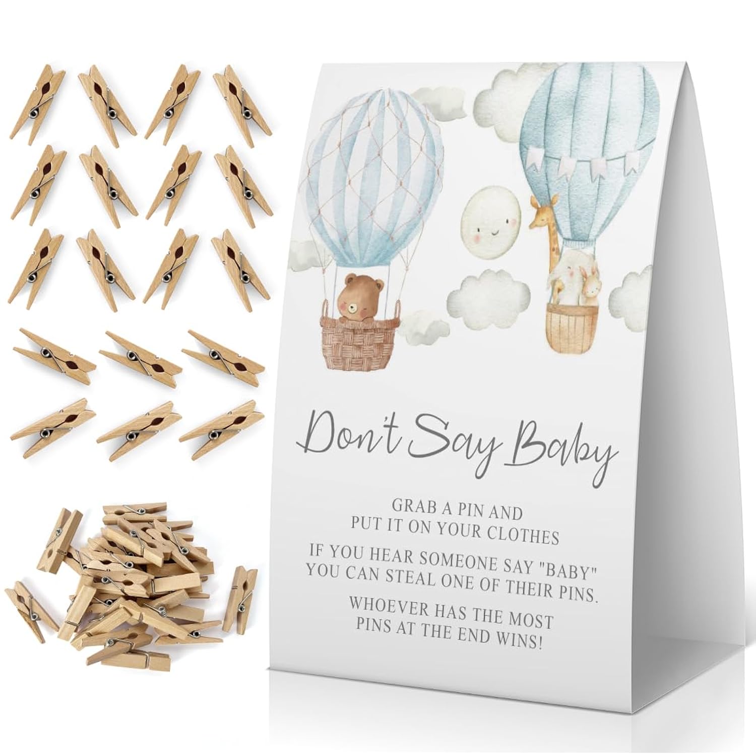 Don'T Say Baby Baby Shower Game, Animals Baby Shower Decoration Blue, Fire Balloon Don'T Say Baby Sign, Fun Baby Shower Games, Clothespins For Baby Shower-Dsba11