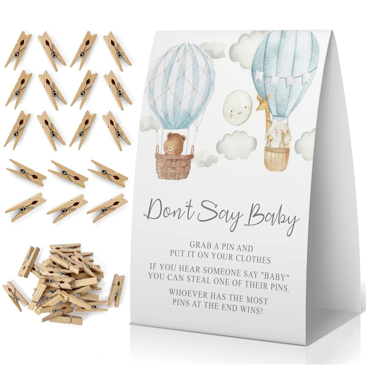 Don'T Say Baby Baby Shower Game, Animals Baby Shower Decoration Blue, Fire Balloon Don'T Say Baby Sign, Fun Baby Shower Games, Clothespins For Baby Shower-Dsba11