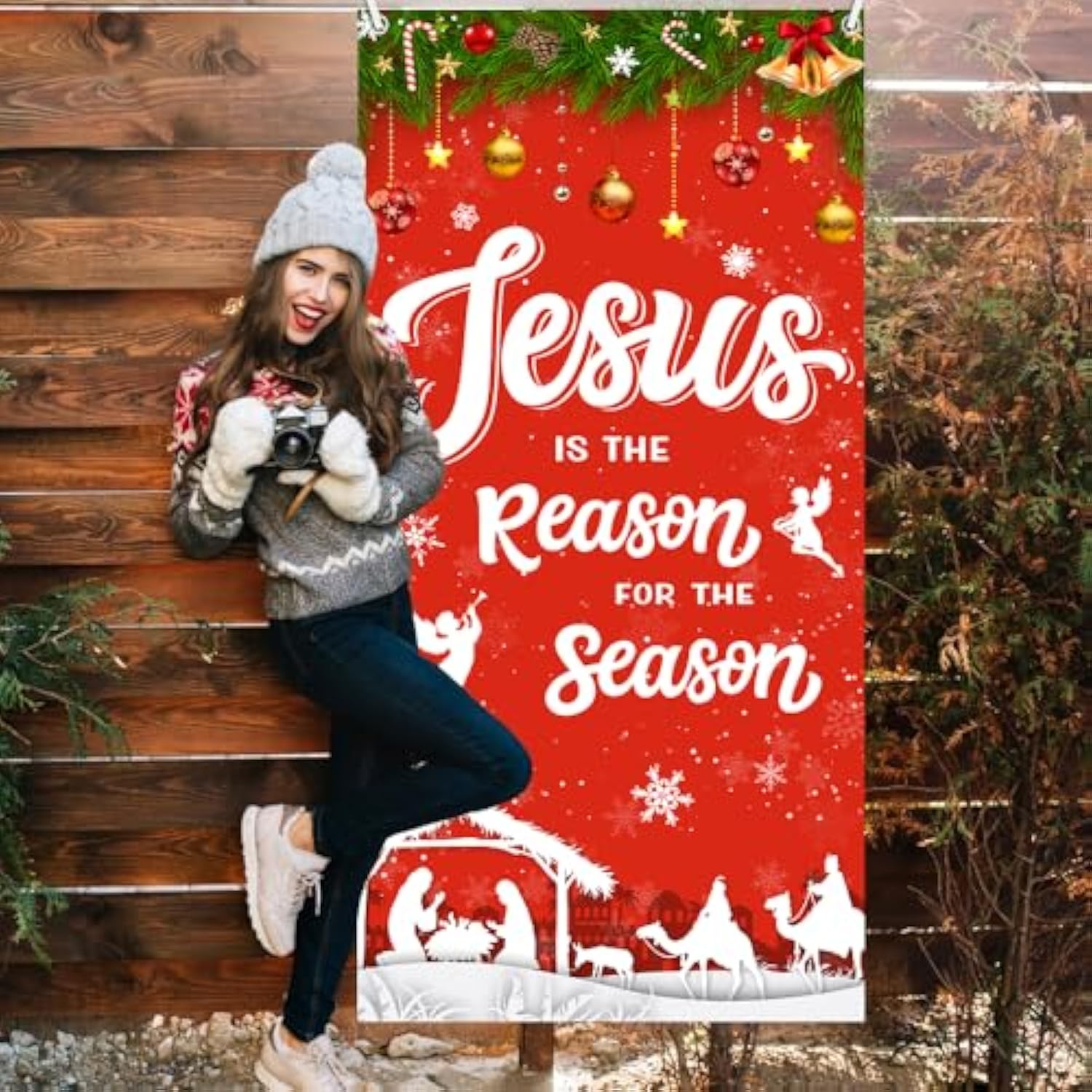 Christmas Decoration Outdoor Christmas Religious Door Cover Jesus Is The Reason For The Season Xmas Door Banner Christmas Nativity Banner For Winter Xmas Church Photo Booth Props 35.4X70.8 Inch
