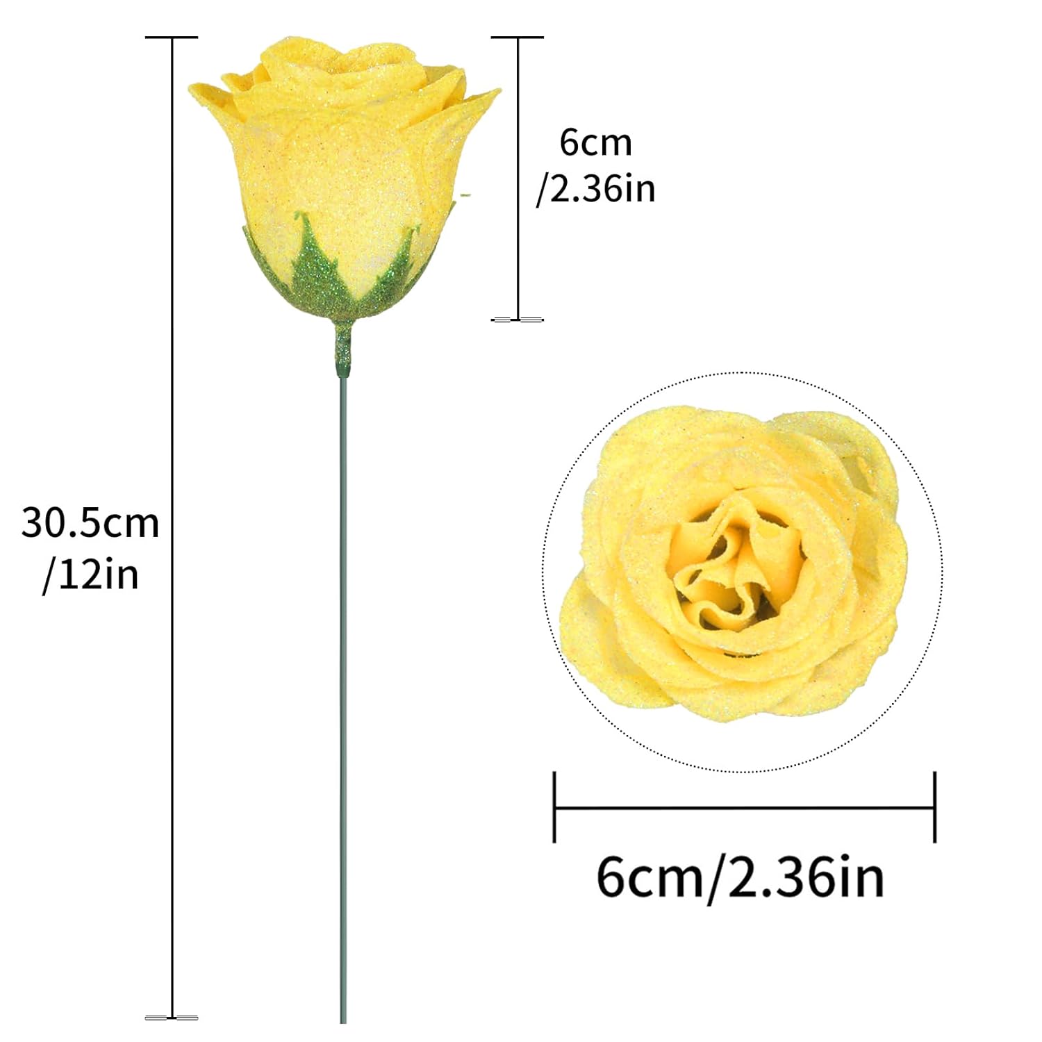 30Pcs Yellow Glitter Roses Artificial Flowers Fake Roses With Stems For Wedding Bouquet Party Christmas Home Decor(Yellow)