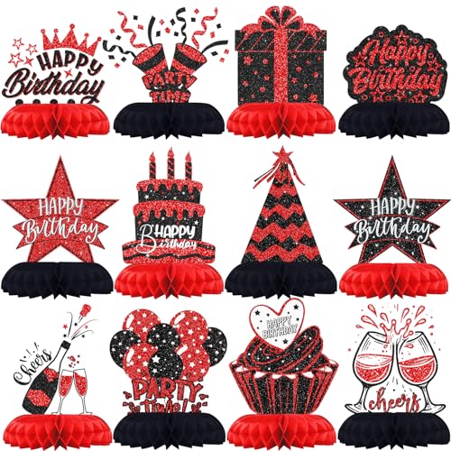 Black and Red Birthday Decorations – 12PCS Honeycomb Table Centerpieces for Men Women Adults – Happy Birthday Table Decor Party Supplies