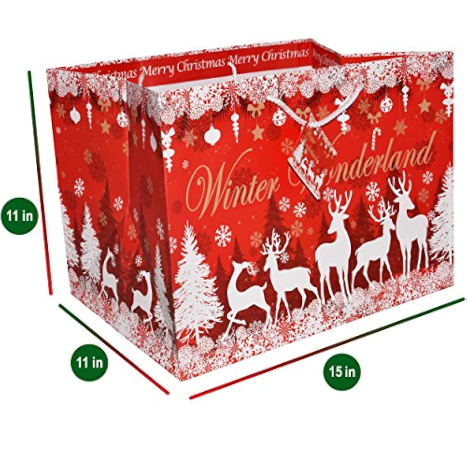 12 Jumbo Christmas Tote Bags With Handles 15" Wide X 11" High X 11" Deep Extra Wide Large Giant Reusable Grocery Shopping Paper Bags Big Gusset For Food Cookie Container & Foil Tin Pan