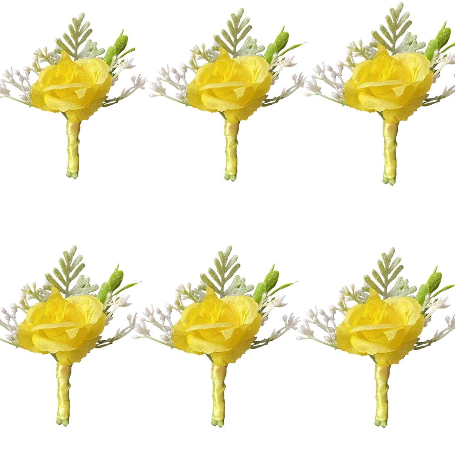 6Pieces/Lot Groom Boutonniere Man Women Bride Wrist Corsage Artificial Wedding Flowers Party Decoration (Yellow, Boutonniere)