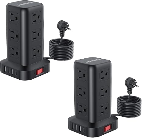 2 Pack Power Strip Tower 12 Outlets 4 USB Ports 6.5FT Extension Cord Outlet Extender