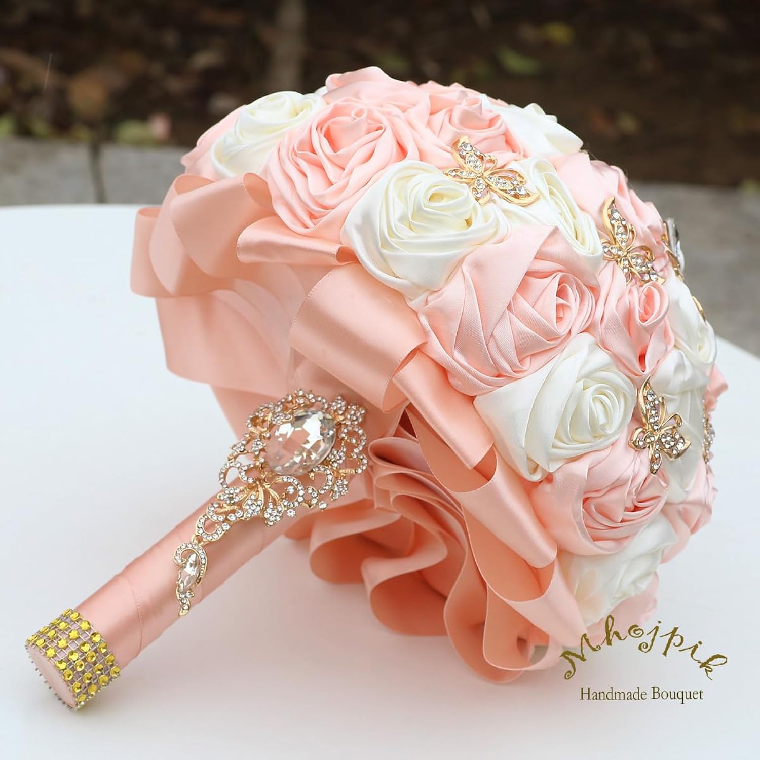 Handmade Wedding Flowers Bouquet Round Holding Bridal Bouquet Toss Artificial Rose Bunch For Bride Bridesmaid Wedding Quinceanera (Light Salmon & Ivory, 8.7")