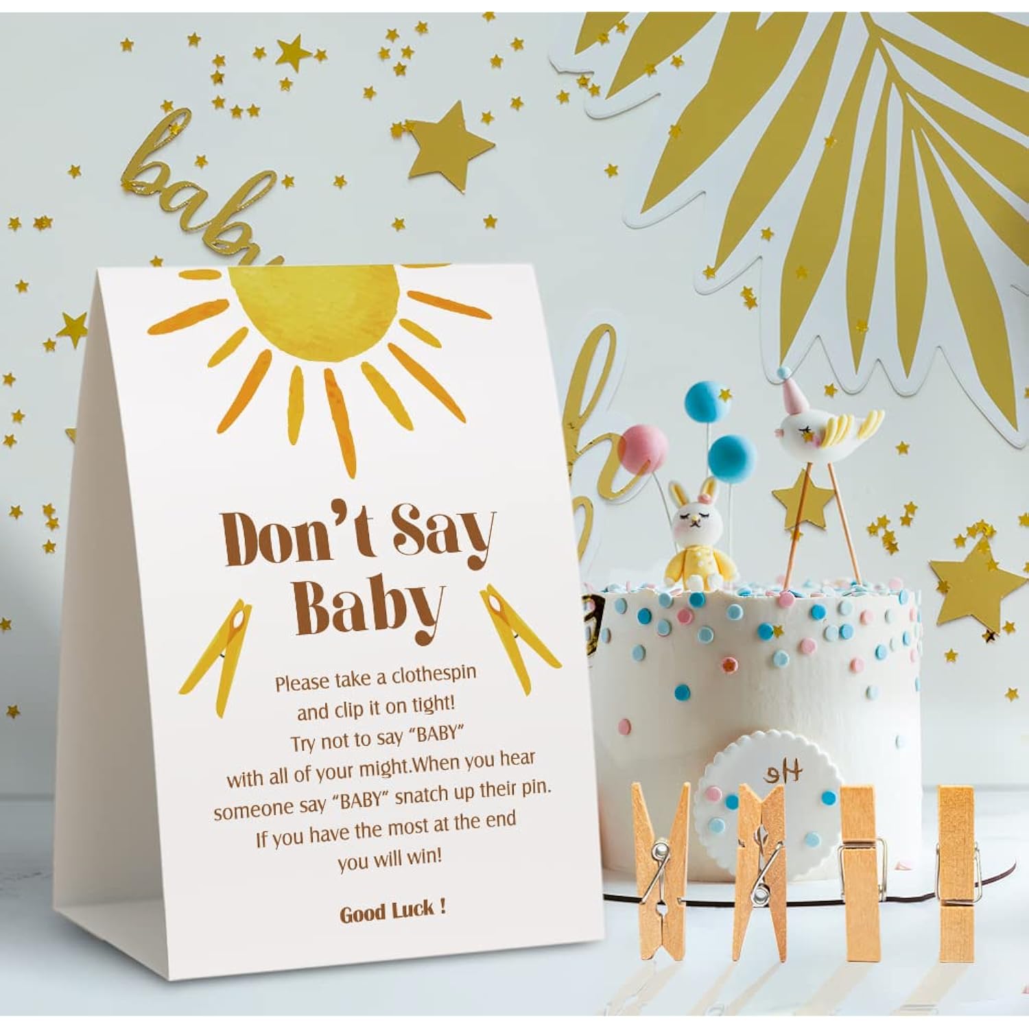 Don'T Say Baby Clothespin Game, Sunshine Baby Shower Games(Pack Of 1 Sign And 50 Mini Clothespins),Baby Shower Decorations,Baby Shower Game Gender Neutral,Party Favors Supplies - 54