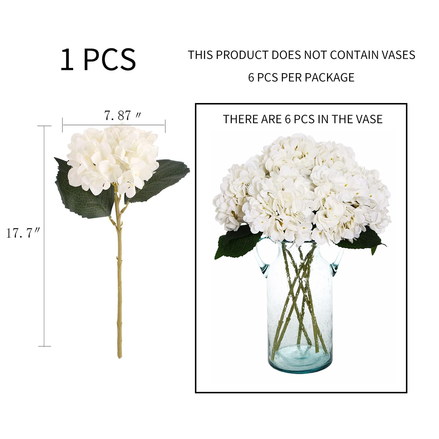 6Pcs Faux White Hydrangeas Fake Flowers Artificial Silk Hydrangea Flower With Stems Bouquets Arrangement For Home Table Centerpieces Wedding Baby Shower Birthday Party Decoration(White)