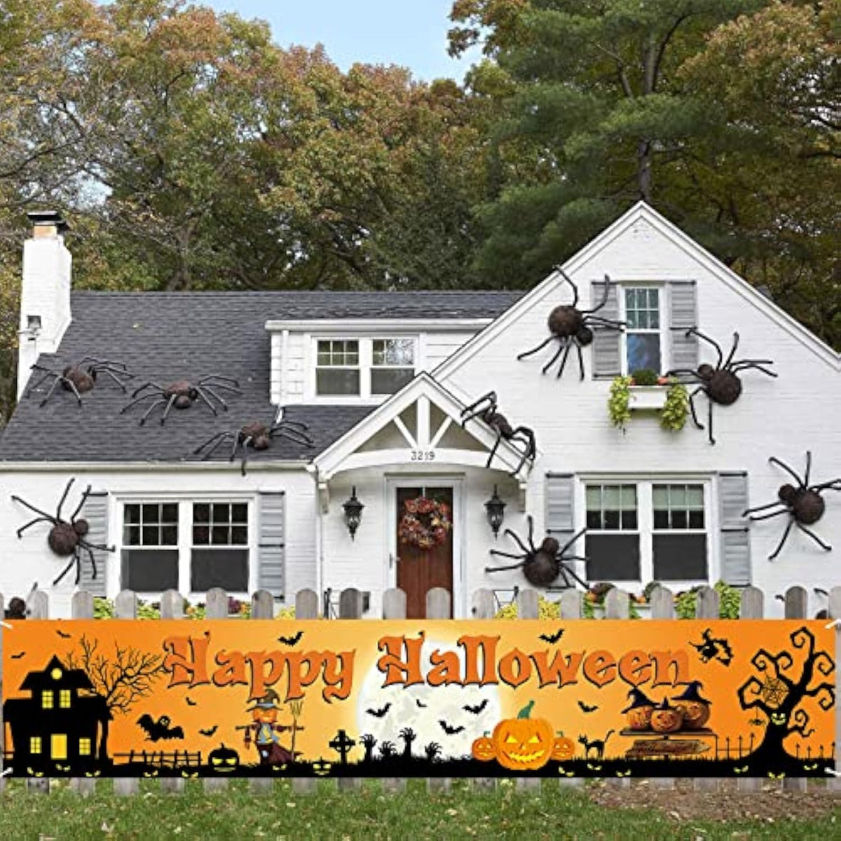 Large Outdoor Halloween Banner Fabric Pumpkin Graveyard Yard Sign Wall Fence Decor