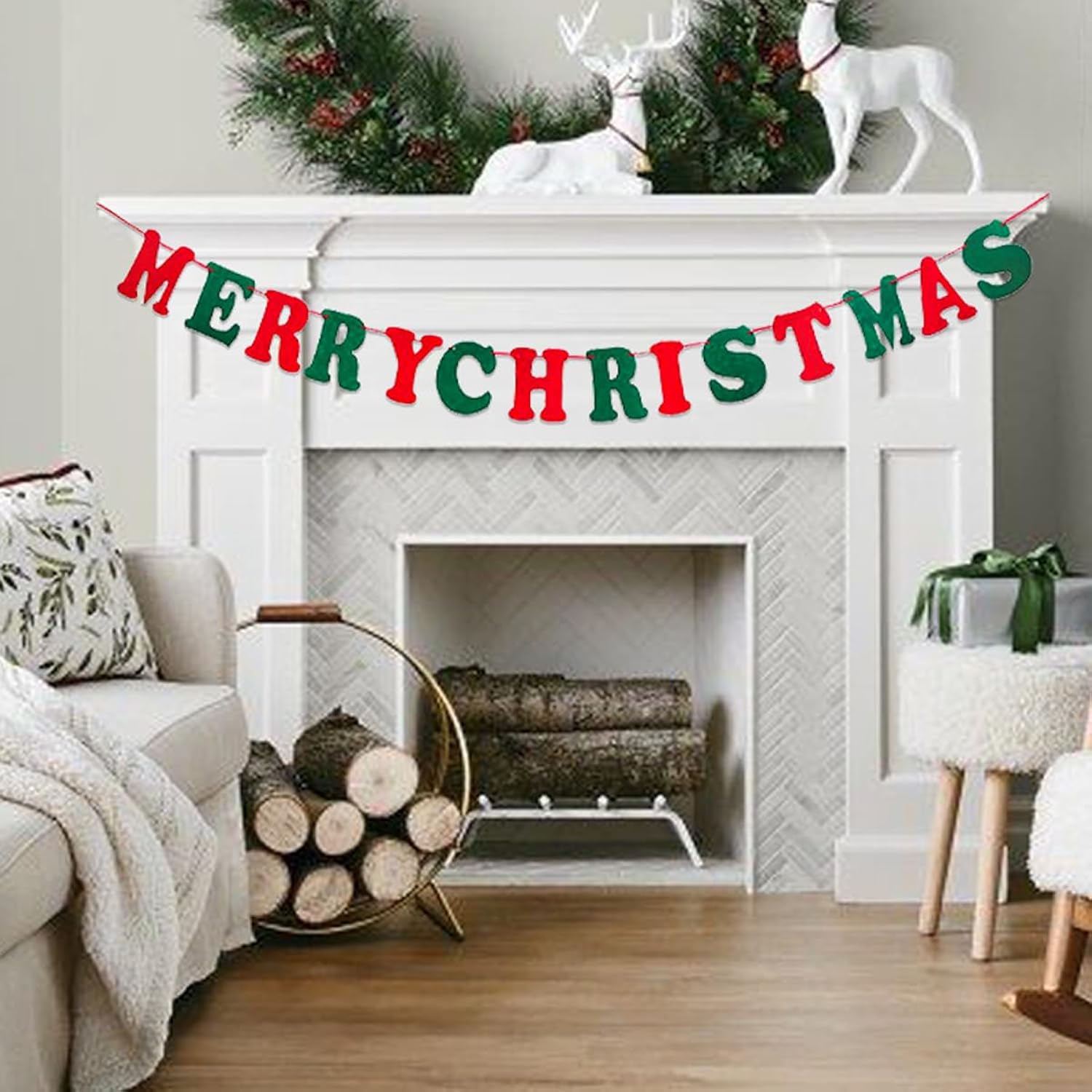 Merry Christmas Banner-Red And Green Merry Christmas Sign Felt Garland For Christma Party Decorations Holiday Mantle Fireplace Home Decor