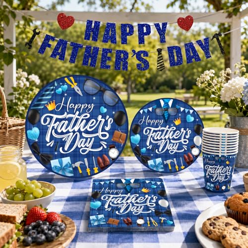 Fathers Day Decorations,101PCS Fathers Day Paper Plates and Napkins(Serves 25),Happy Father’s Day Decorations Includes Paper Plates,Napkins,Cups and Happy Fathers Day Banner