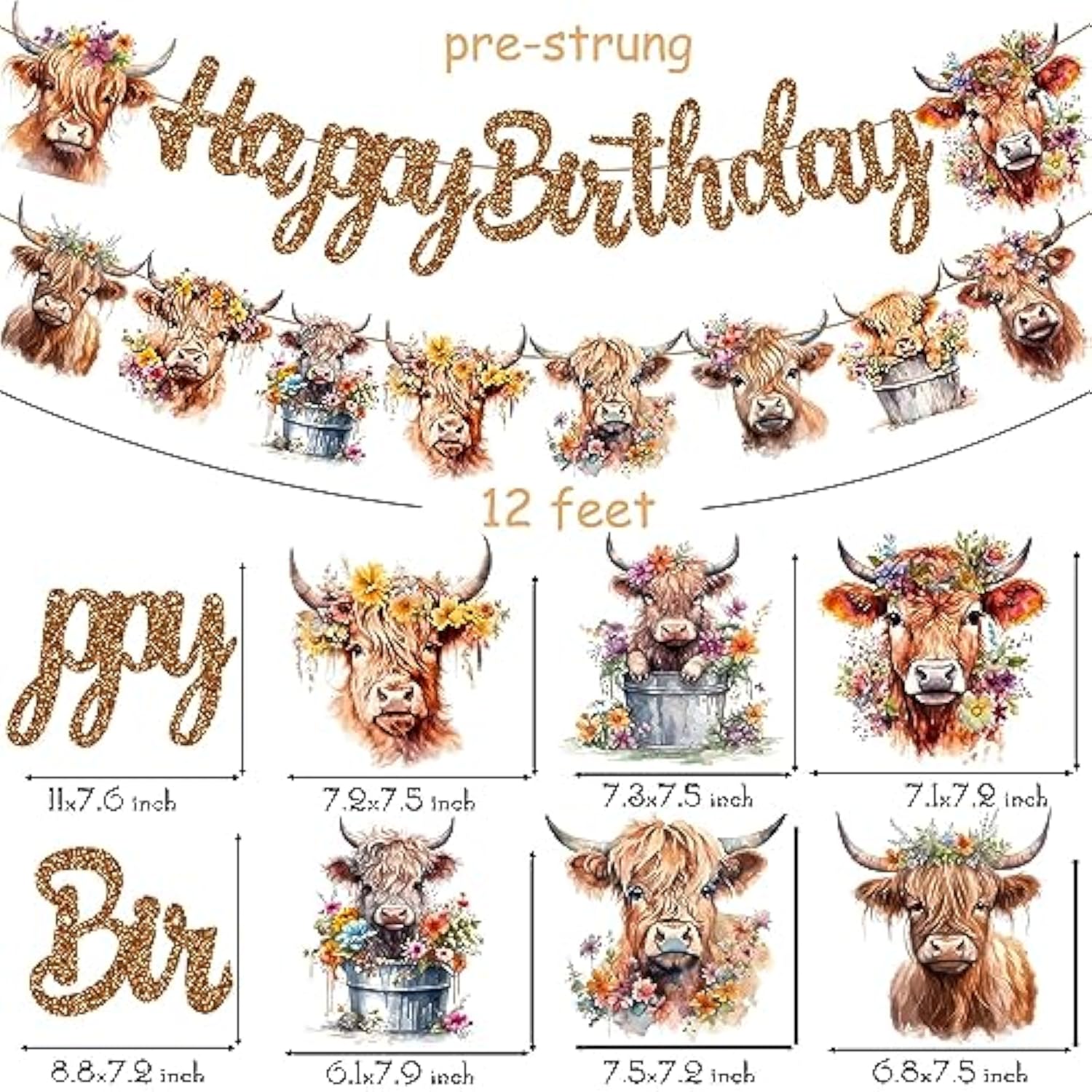Brown Glitter Highland Cow Birthday Banner - Cattle Themed Party Decorations For Baby Shower Supplies