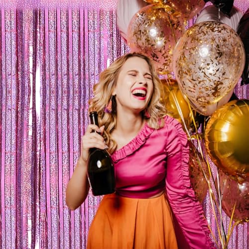 Pink Foil Fringe Curtains, 2 Pack 3.2 x 8.2 ft Party Backdrop