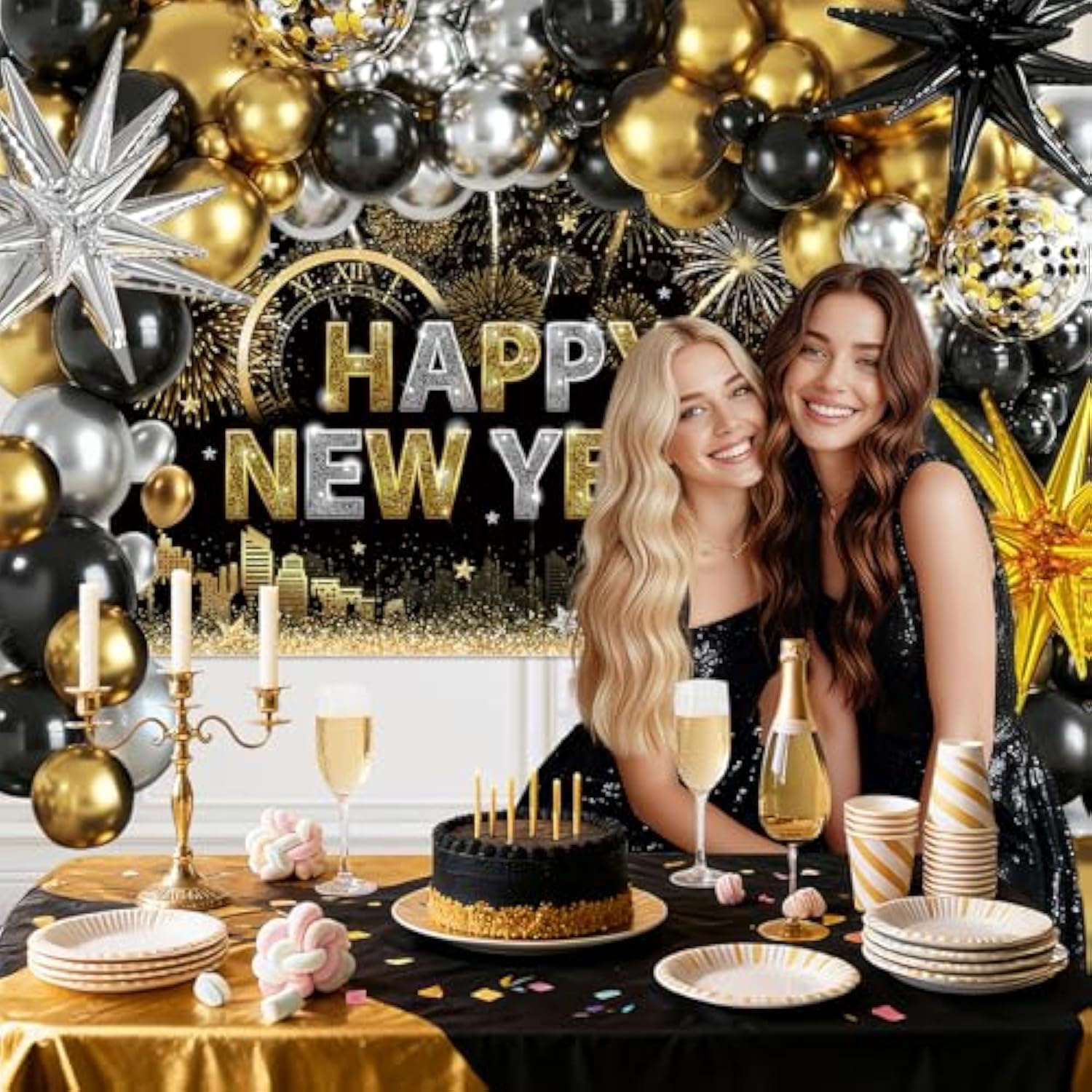Happy 2026 New Year Balloon Set with Black, Gold, and Silver and Party Banner