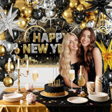 Happy 2026 New Year Balloon Set with Black, Gold, and Silver and Party Banner