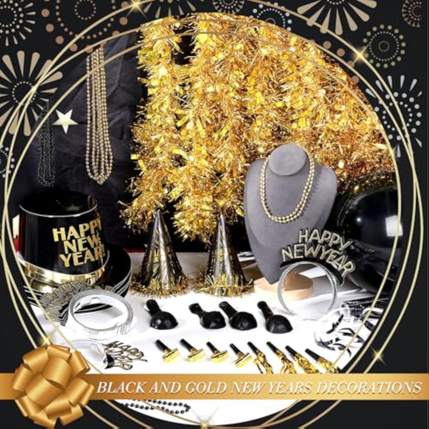 404pcs New Year 2026 Party Supplies Gold Black Favors Decorations