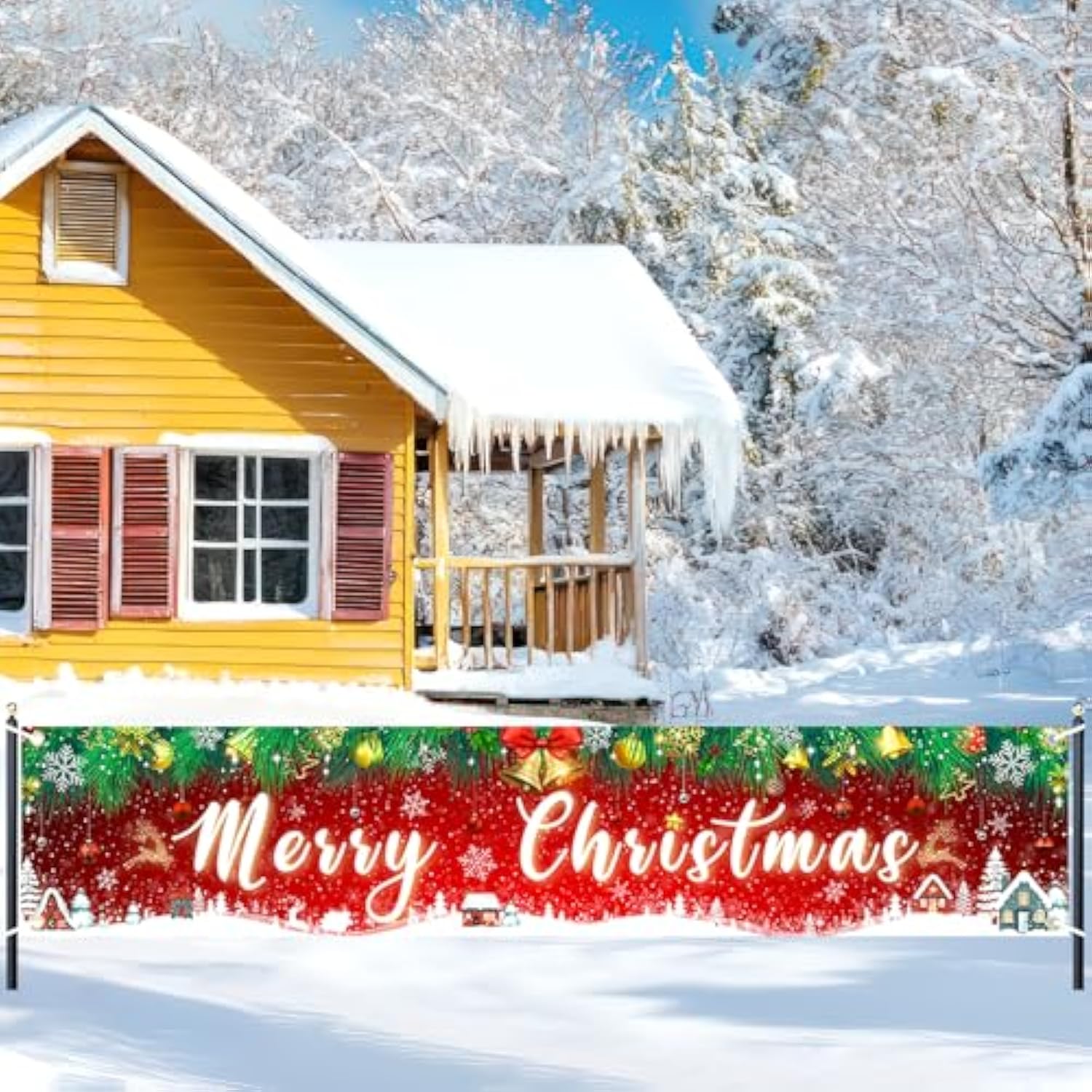 Large Merry Christmas Yard Banner Green Red Backdrop For Christmas Decorations Outdoor Red Holiday Party Supplies Home Decor For Yard,Garden,Porch,Lawn 98.4 X 19.6 Inch