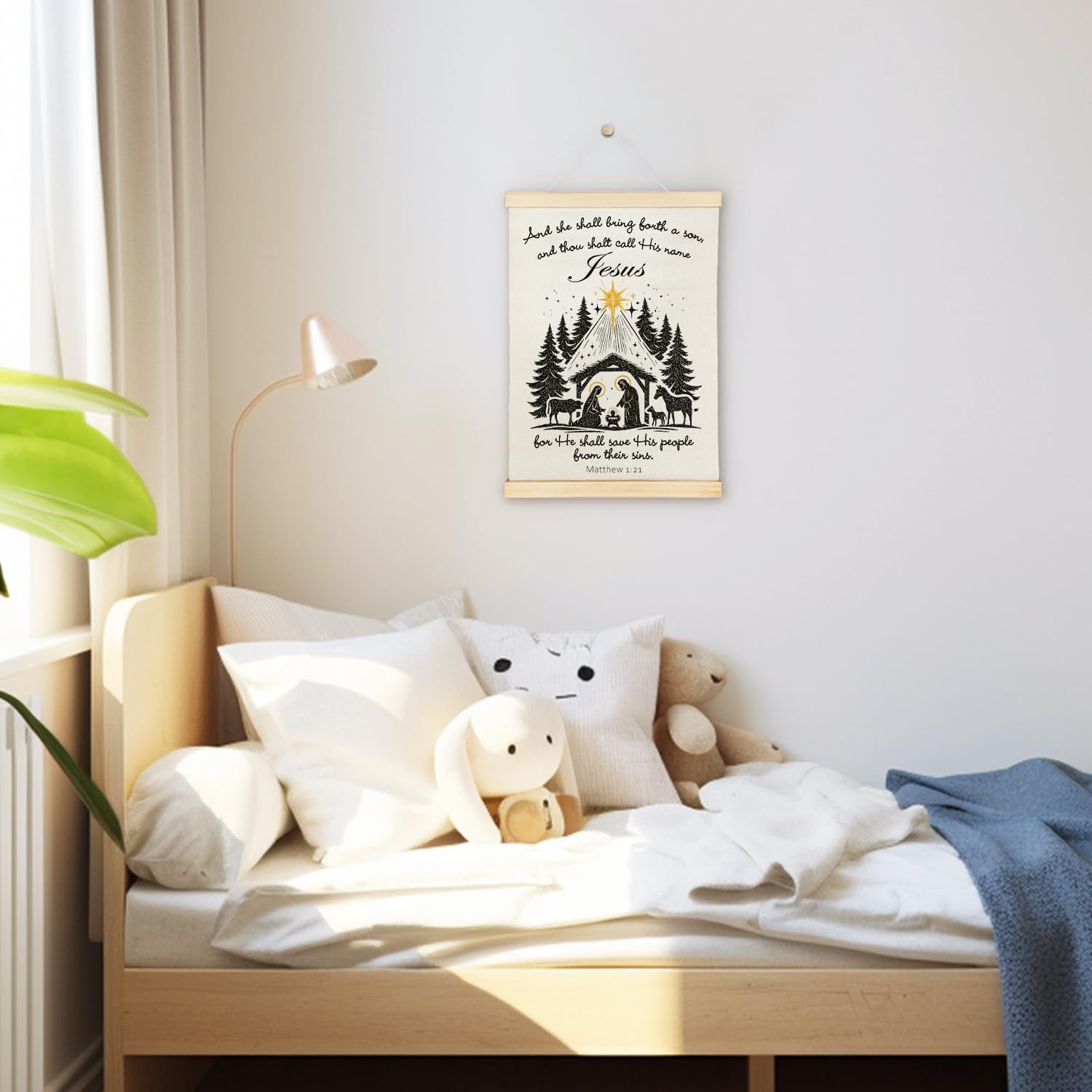 Christian Christmas Nativity Wall Art, Christmas Jesus Birth Wall Decor, Religious Xmas Tree Poster Hanger Frame For Nursery Kids Bedroom Church Home Office Decor, 12X16 Inches