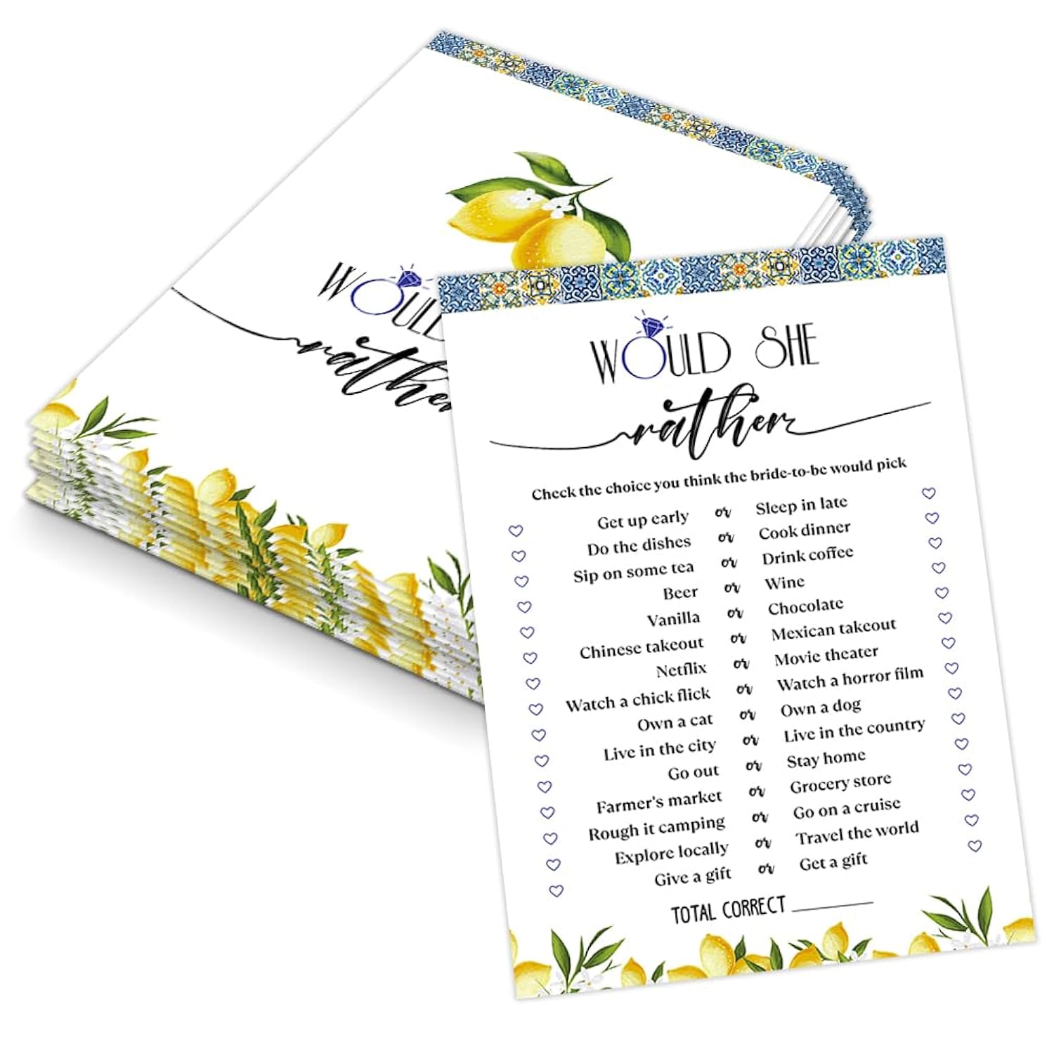 Blue Tiles And Lemons Would She Rather Game For 30 Guests With Game Cards, Lemons Bridal Shower Game, Modern Bridal Shower Decorations, Wedding Shower Or Bachelorette Party Supplies - 02