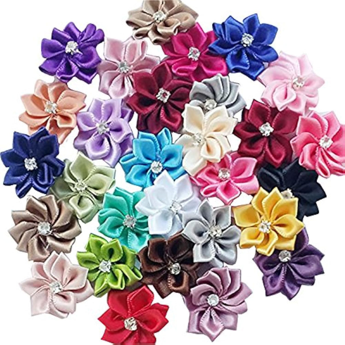 Upick More Than 26 Colors 40Pcs Satin Ribbon Flowers Bows Rose W/Rhine