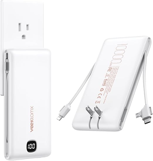 10000mAh Portable Power Bank with Built In Cables and AC Wall Plug Fast Charging Travel Charger