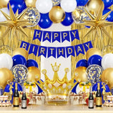 Royal Blue Gold Men'S Birthday Banner, Fringe Curtains, Metallic Balloons For 16Th To 60Th Birthdays