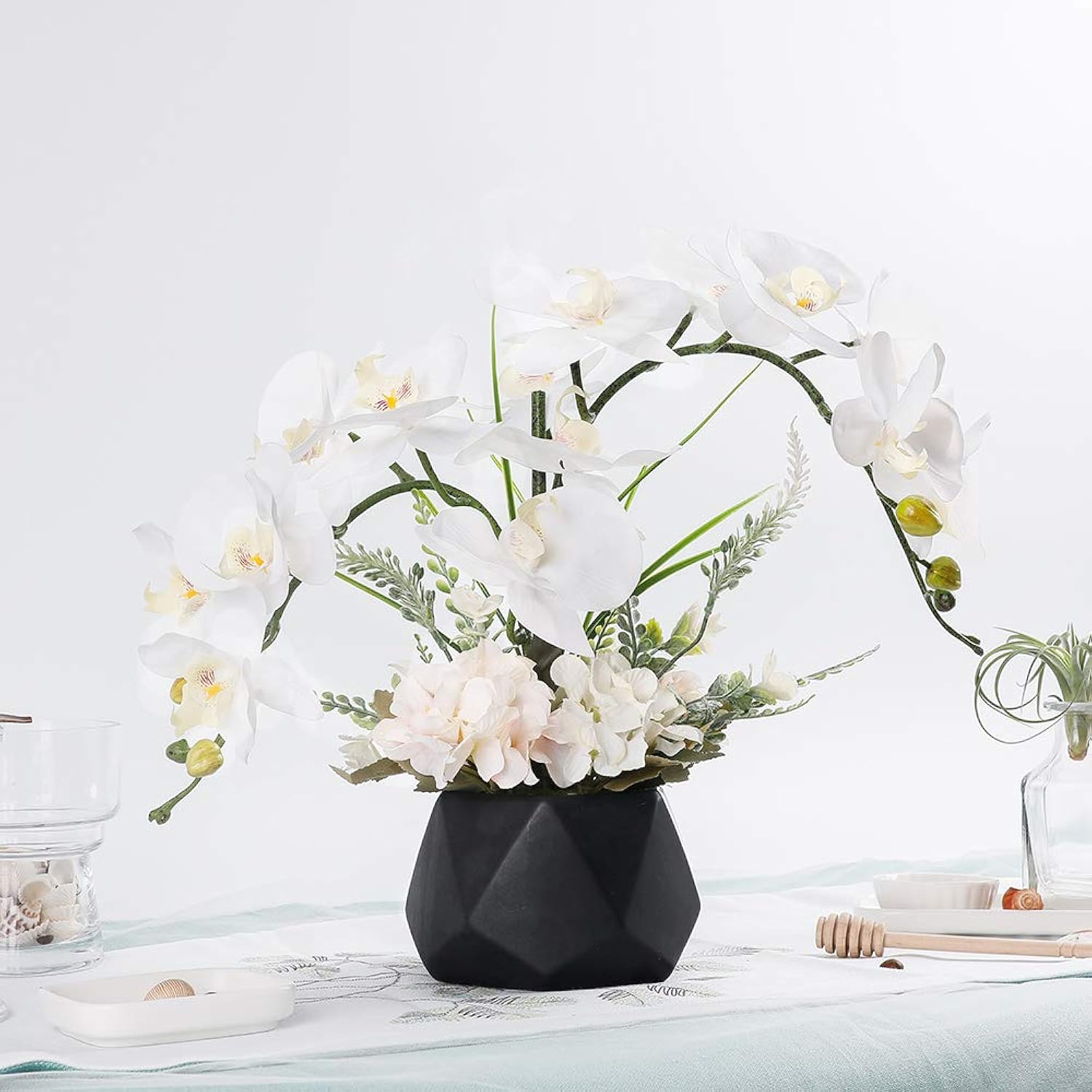 Artificial Potted Orchid Flower For Table Centerpieces,Real Touch White Fake Orchid Flowers In Vase For Home Decoration (Style 2,Black Vase)