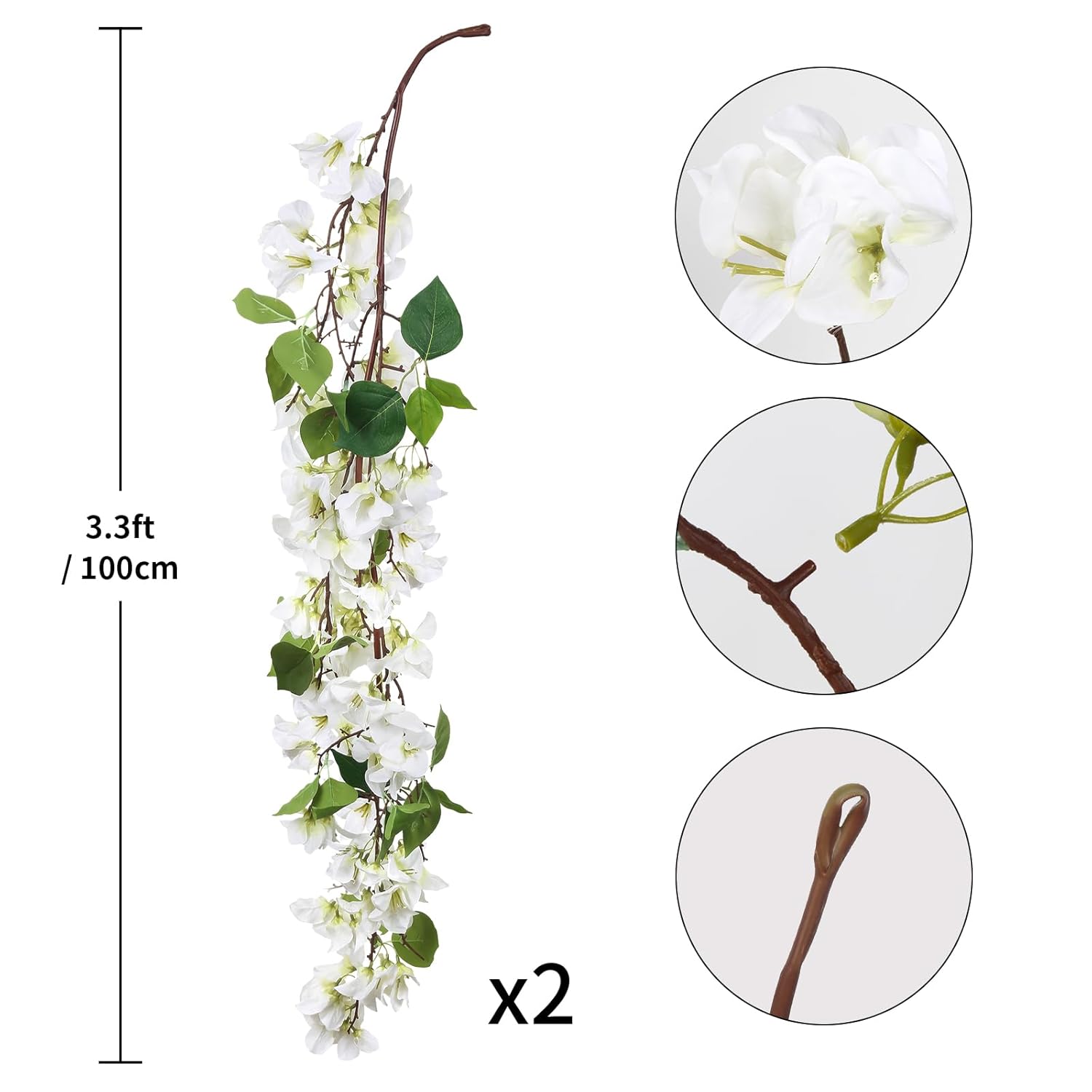 6.6Ft White Bougainvillea Garland 2Pcs Artificial Hanging Flowers Faux Bougainvillea Artificial Vine Flowers For Wedding Arch Centerpieces Table Runner Wall Decorations (White)