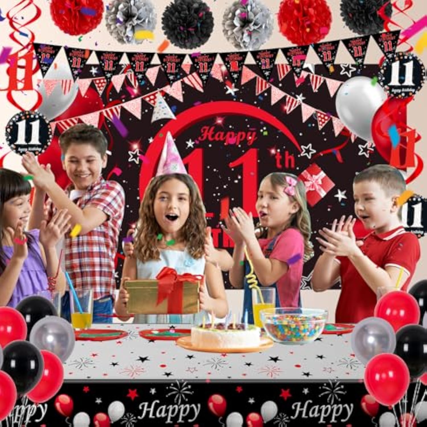 11Th Birthday Decorations For Boys Girls Red And Black, Happy 11Th Birthday Backdrop Banner, 11 Birthday Party Decoration Tablecloth Balloons Triangle Flag, 11 Year Old Boy Bday Party Supplies