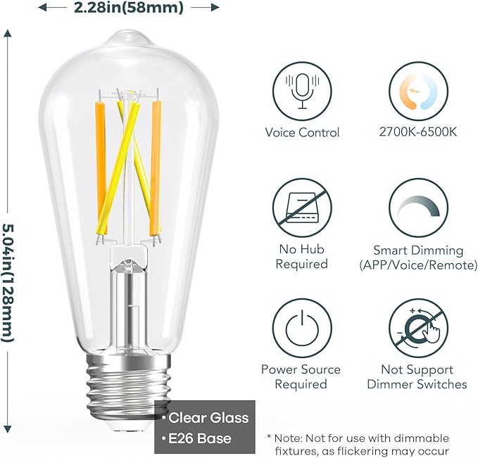 E26 Smart Edison Bulbs 4 Pack ST19 ST58 WiFi Tunable White 2700K-6500K Vintage LED 60W Equivalent Alexa Google Compatible