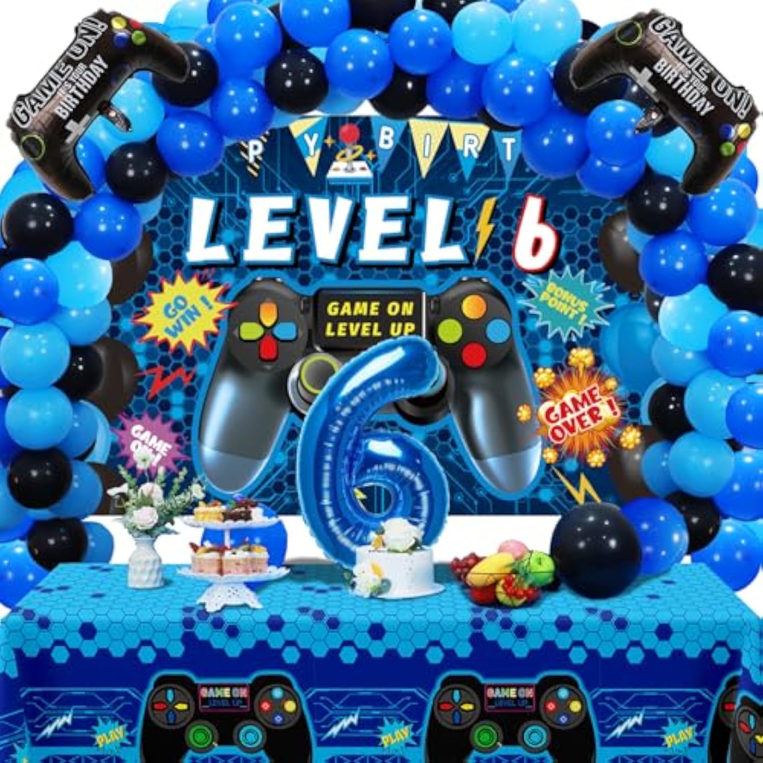 90Pcs Video Game Party Decorations For Boys Set Blue - 6Th Birthday Supplies - Video Game Backdrop, Balloons, Tablecloth, Gamer And 6 Foil Balloons