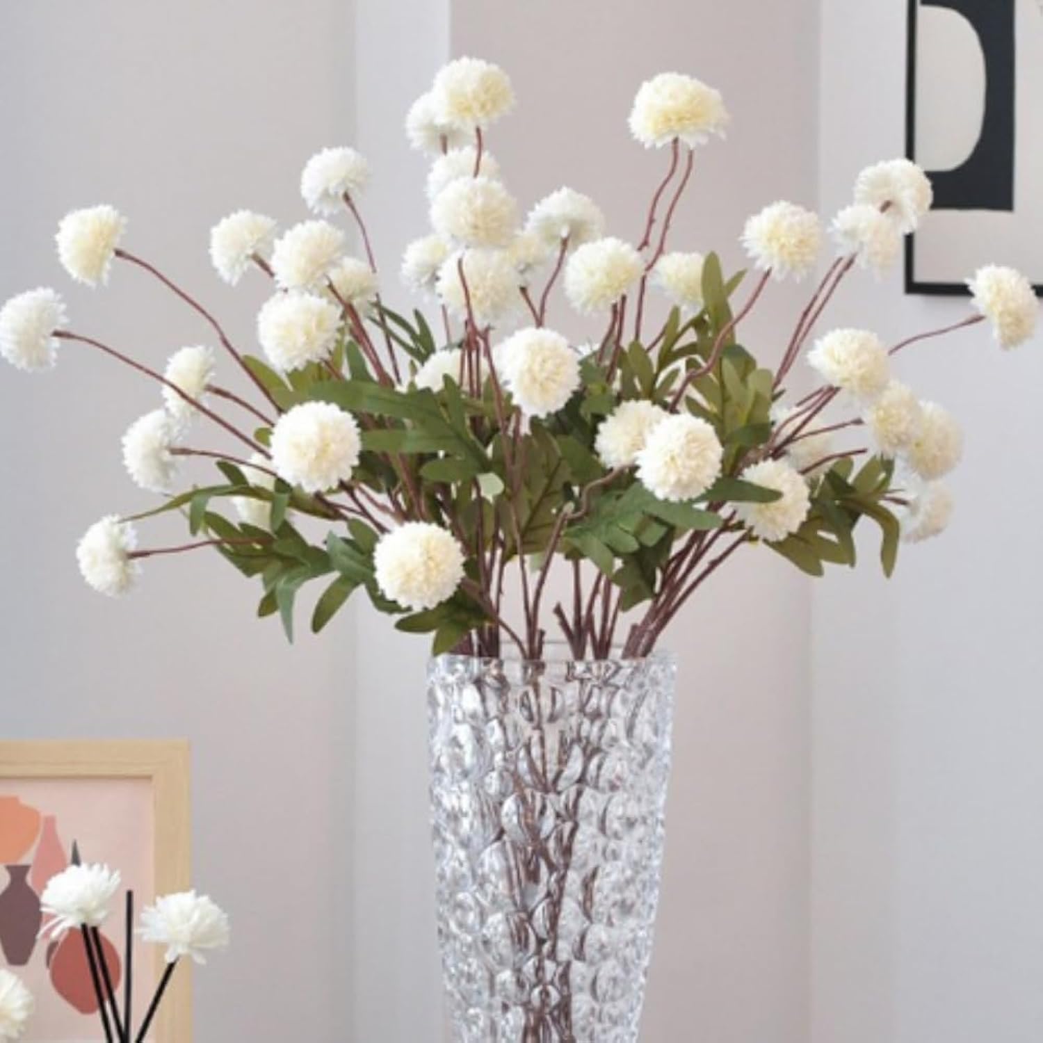 Pompon Mum Artificial Flower, 8 Pcs Faux Flowers Mini Ball Chrysanth With Stems Kiku Flower Home Decor, Fake Silk Flowers For Diy Bouquet Centerpieces Office Wedding Decoration (White)