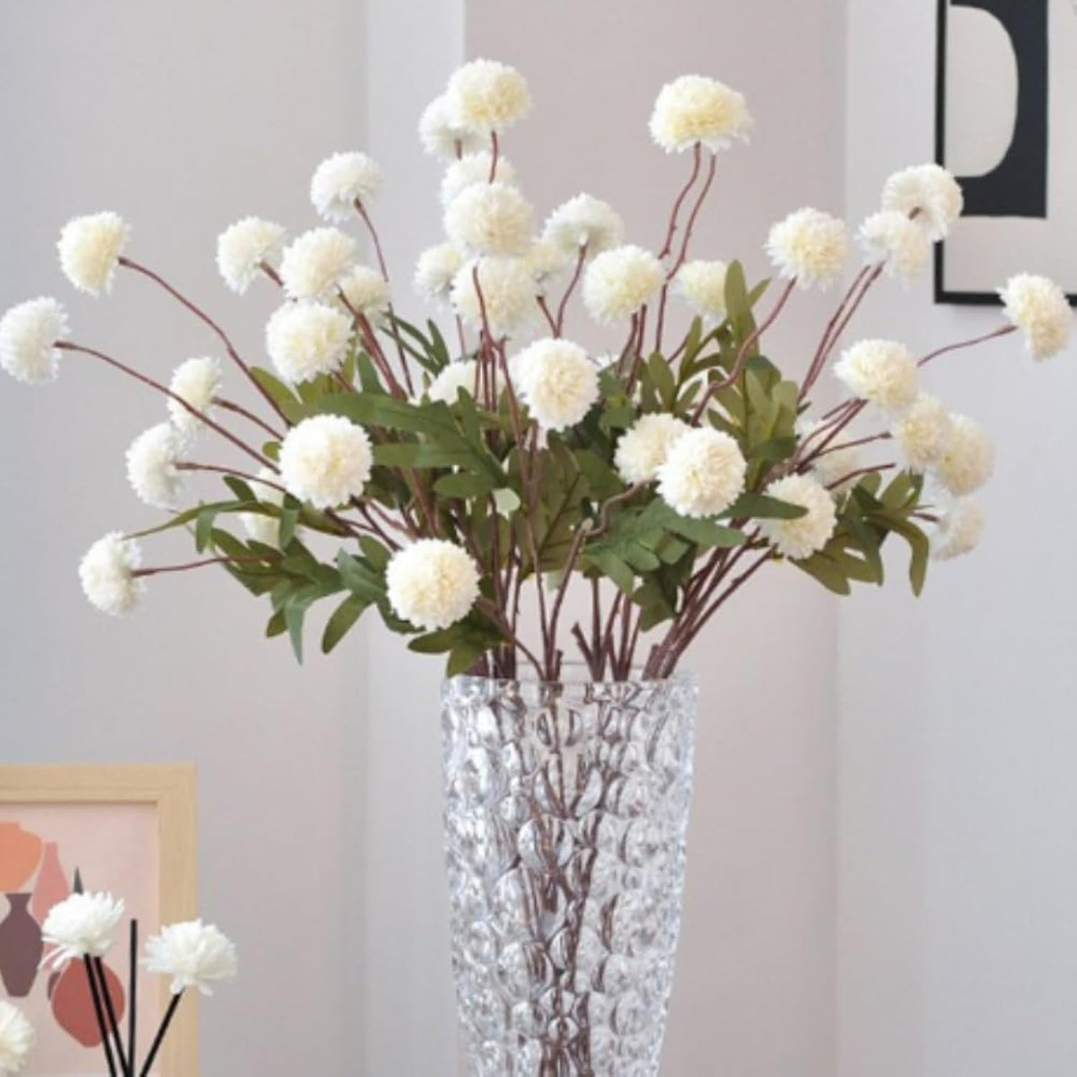 Pompon Mum Artificial Flower, 8 Pcs Faux Flowers Mini Ball Chrysanth With Stems Kiku Flower Home Decor, Fake Silk Flowers For Diy Bouquet Centerpieces Office Wedding Decoration (White)