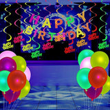Glow Neon Party Supplies Set Glow In The Dark Happy Birthday Banner With Uv Black Light Reactive Cake Topper Swirls Neon Fluorescent Latex Balloons Stars For Birthday Party