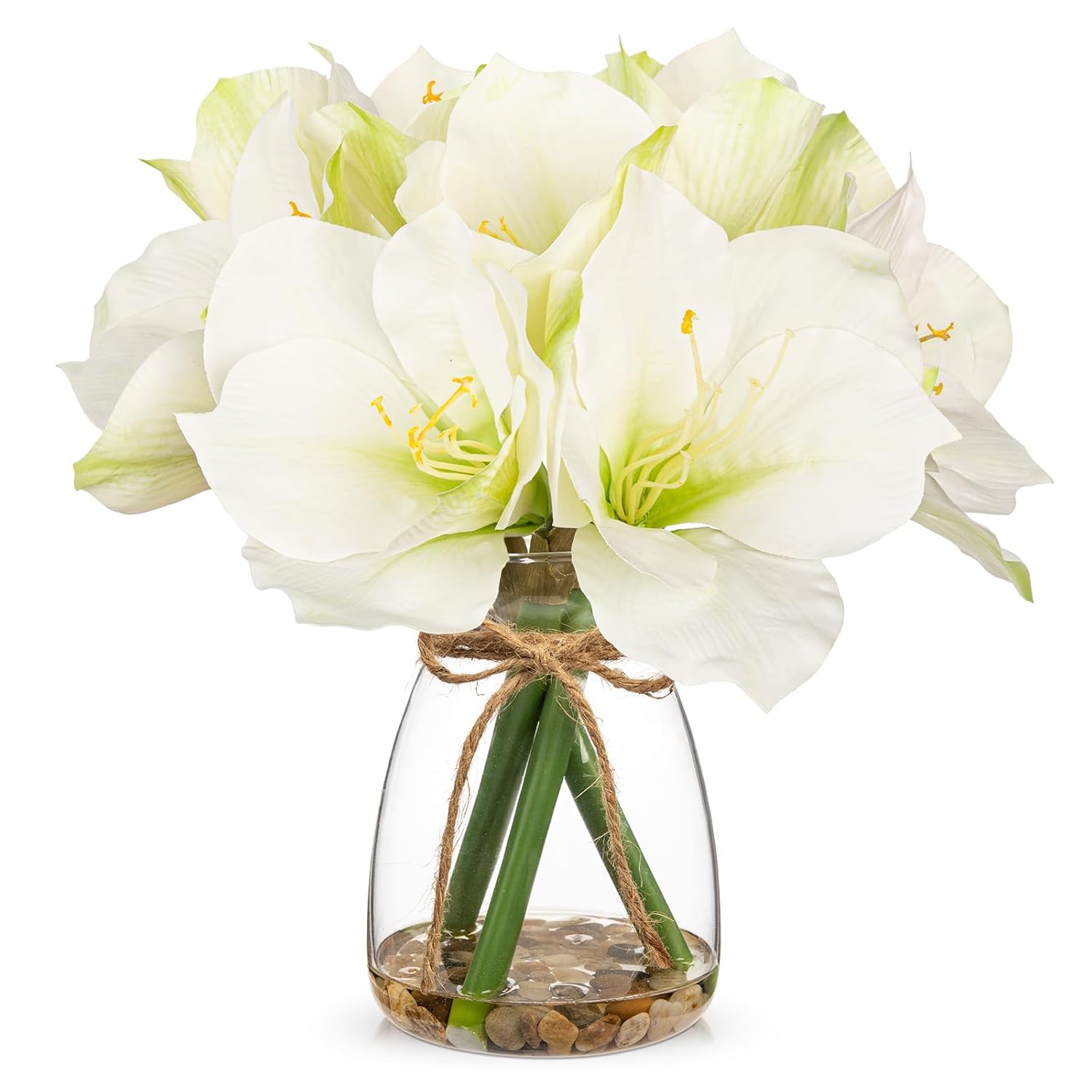 White Amaryllis Artificial Flower Arrangement 11.8" Faux Silk Amaryllis In Glass Vase With Faux Water Pebbles Fake Floral Centerpiece For Home Office Room Table Shelf Rustic Décor