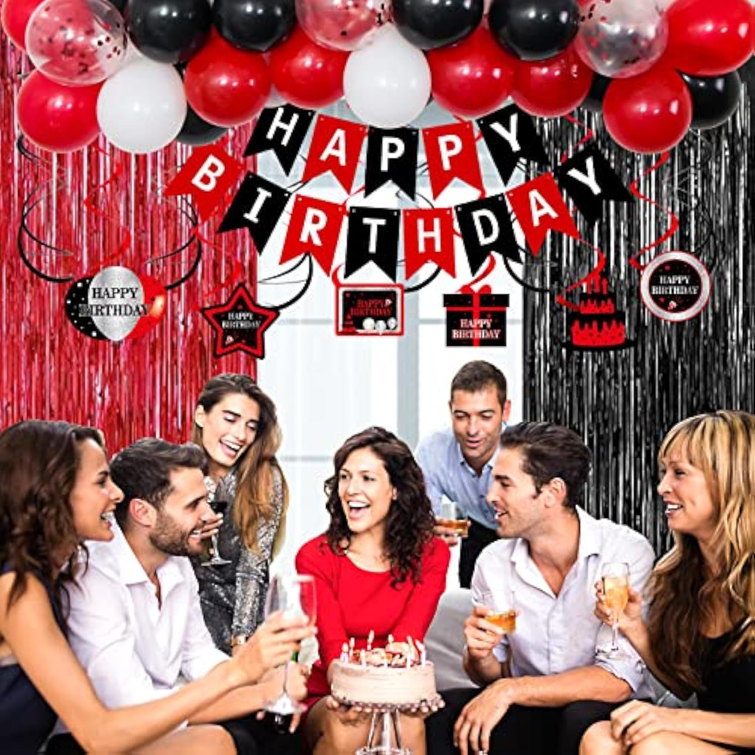 Red And Black Party Decorations For Men Women, Happy Birthday Decorations For Boys Girls, Red Bday Party Supplies Birthday Tablecloth Balloons Foil Fringe Curtains Hanging Swirls Decor