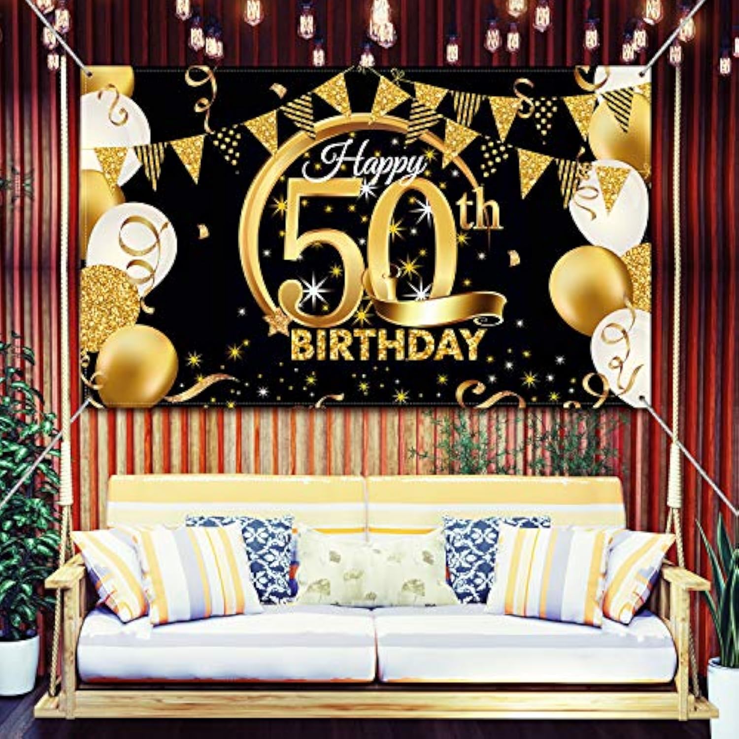Birthday Party Decoration Extra Large Fabric Black Gold Sign Poster For Anniversary Photo Booth Backdrop Background Banner, Birthday Party Supplies, 72.8 X 43.3 Inch (50Th)