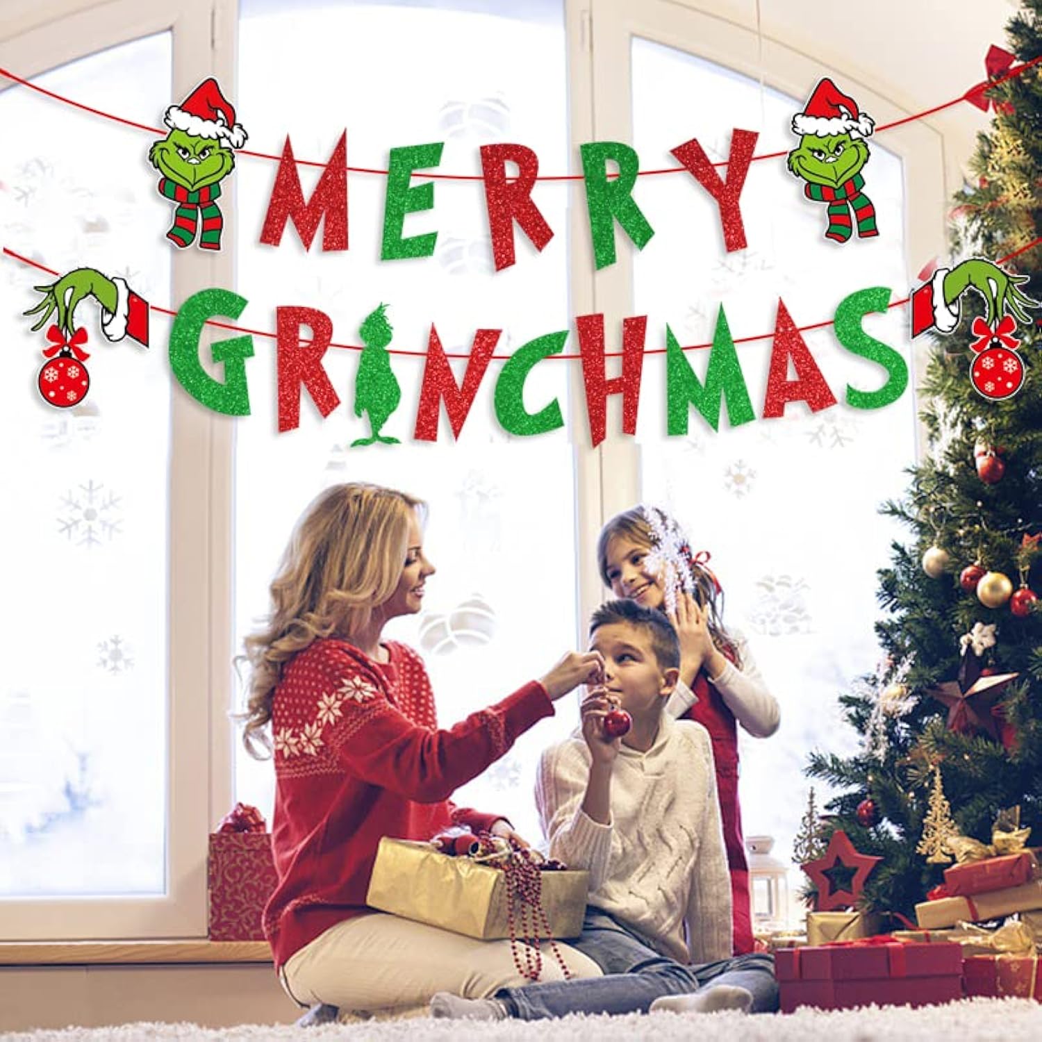 Glitter Merry Christmas Banner - Red Green Glittery Xmas Garland For Home Wall Mantle Fireplace Party Decorations And Supplies