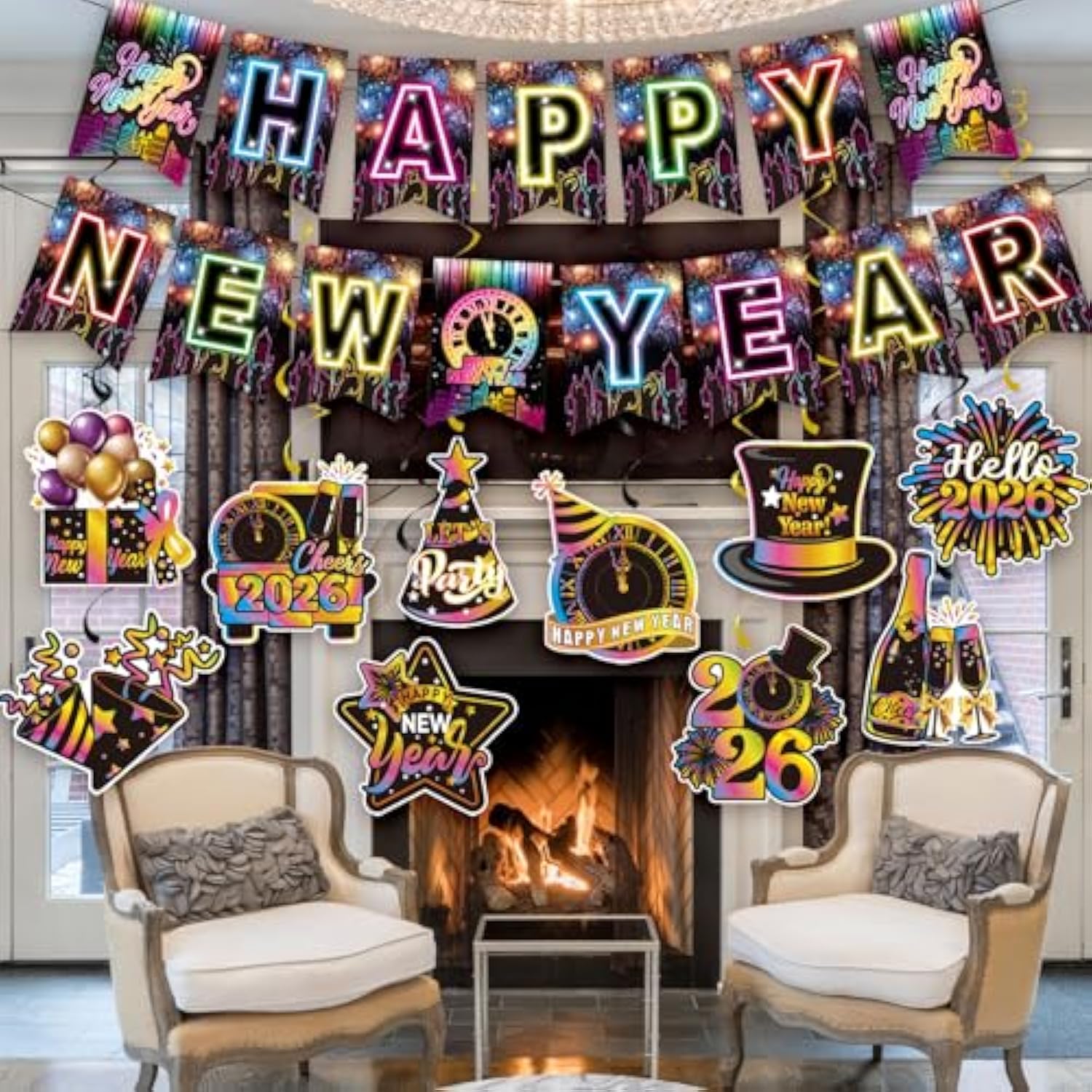 Colorful Neon New Year 2026 Banner with Hanging Swirl Streamers