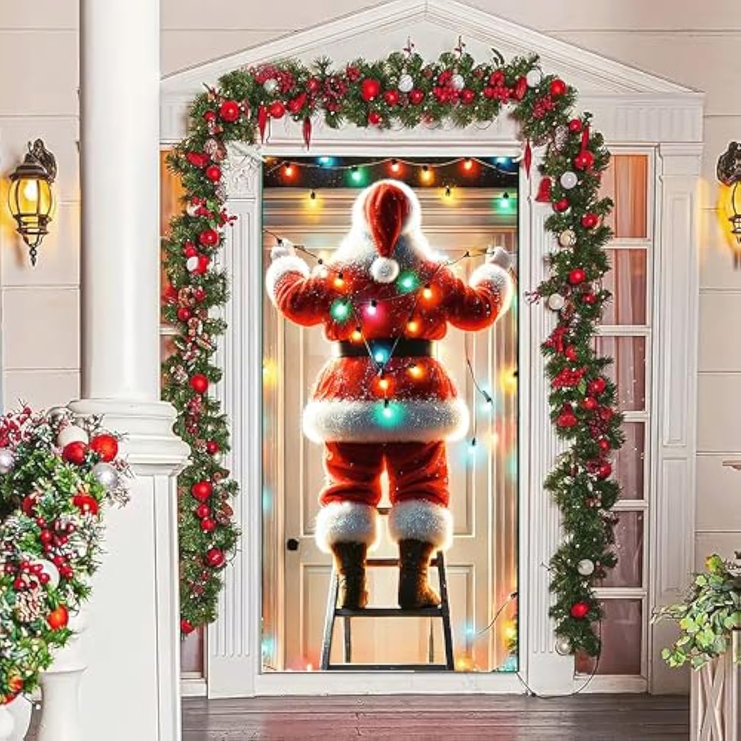 Christmas Door Decoration With String Light Santa Claus Cover Hanging Banner Backdrop Photo Booth Background For Holiday New Year Winter Indoor Outside Front Party Supplies 71X35 Inch