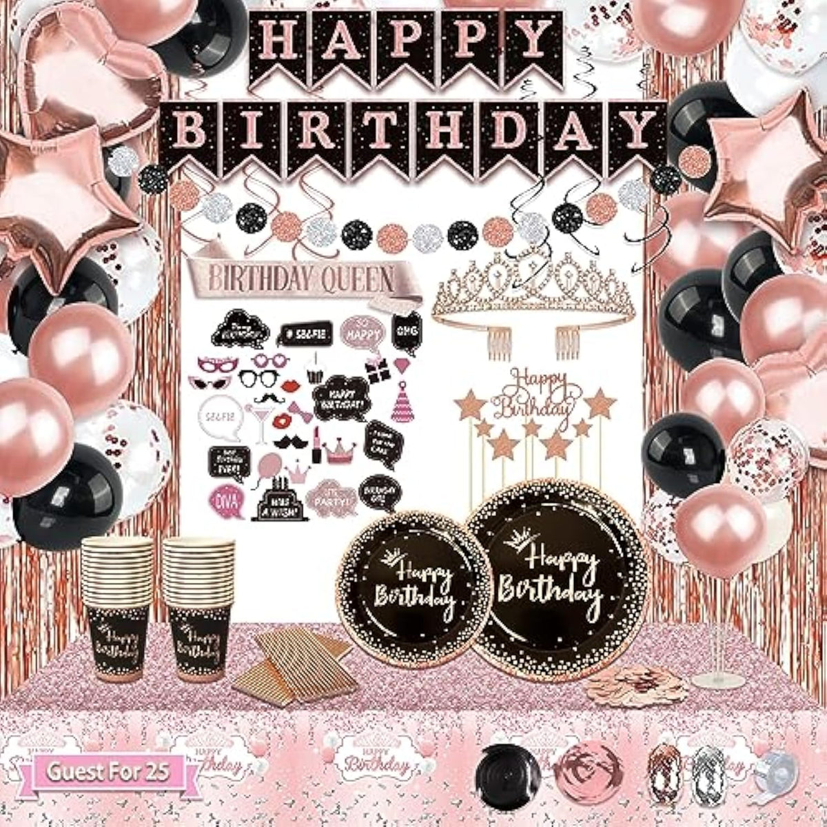 Birthday Decorations For Women, 229 Pcs Rose Gold And Black Happy Birthday Supplies - Disposable Dinnerware Set With 25 Guest, Balloons, Sash, Tiara, Banner, Fringe Curtain, Photo Booth Props
