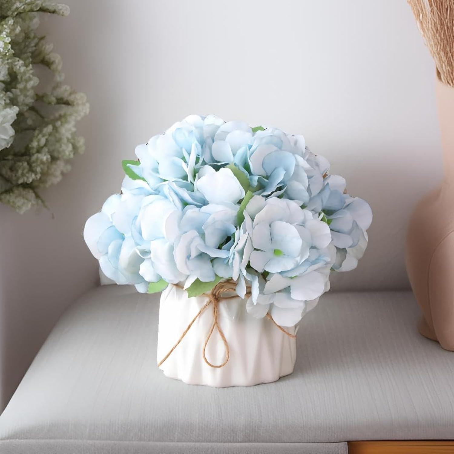 Fake Flowers In Vase, Small Artificial Silk Flowers With Ceramic Vase, Faux Flower Arrangement For Home Office, Coffee Dining Table Centerpiece Decor (Spring Hydrangea,Blue)