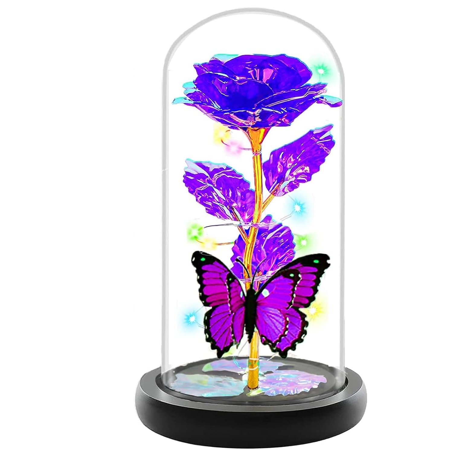 Valentines Day Gifts For Her, Valentines Rose Flowers Gifts, Birthday Gifts For Women, Galaxy Crystal Light Up Rose In A Glass Dome, Valentine Day For Her Women Mom Girlfriend, Purple Butterfly